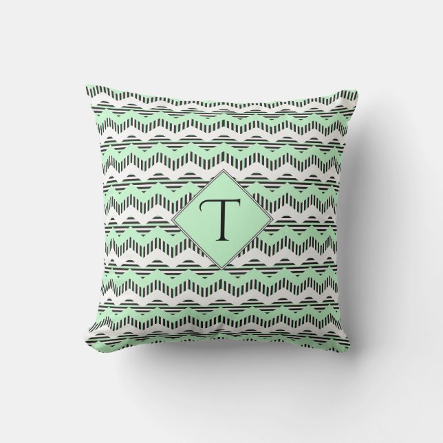 Almofada Mint verde, Black & White Chevron, Monograma Perso (Frente)
