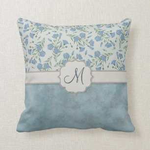 Almofada Miosótis azul floral e de mármore com monograma