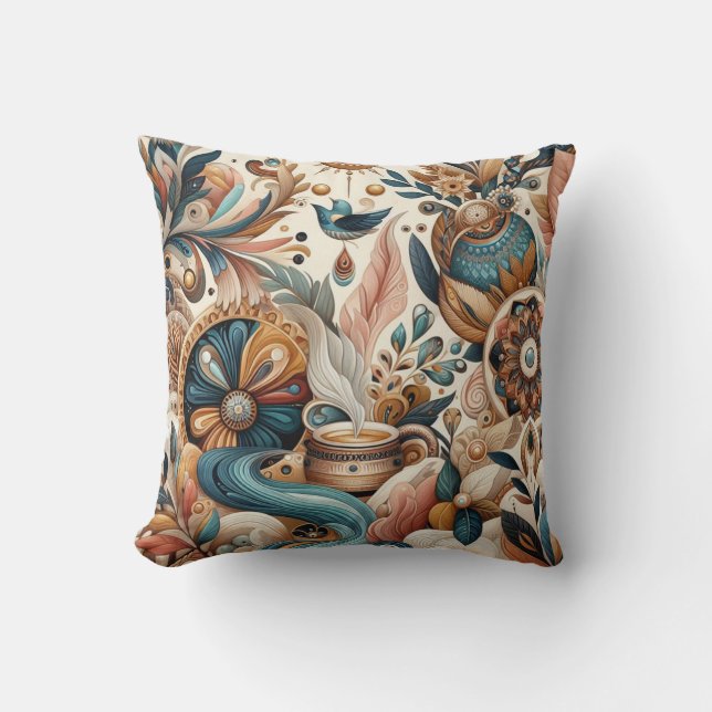 Almofada Mistura boêmica de chá, magenta, flores roxas (Frente)