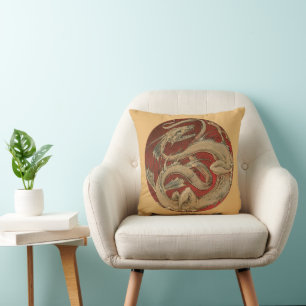 Almofada Mitologia Vintage, Dragão Asiático Dourado Antigo