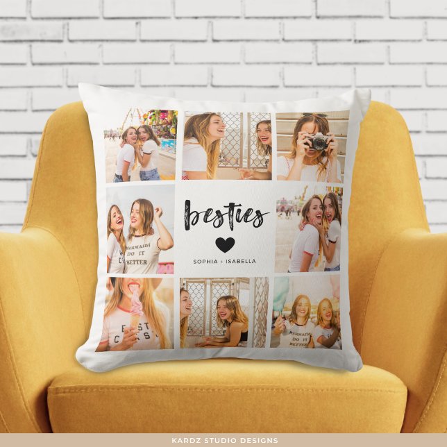 Almofada Modern Besties Name Photo Collage BFF (Add your favorite pictures and choose 16 x 16 inches or 20 x 20 inches.)