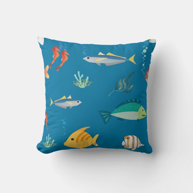 Almofada Modern Fish and Seahorse illustrated Pattern Blue (Frente)