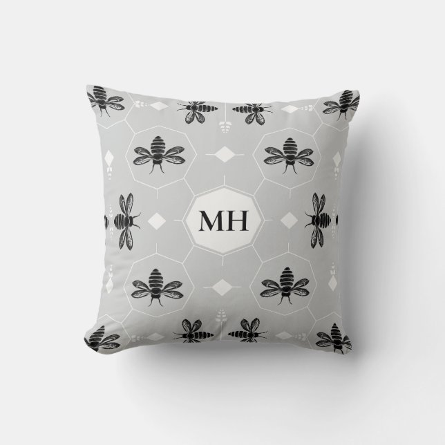 Almofada Modern Gray Elegant Black Bee Pattern Monogram (Frente)