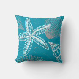 Almofada Modern Seashell Beach House Aqua Blue Starfish
