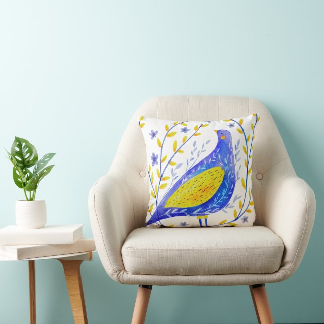 Almofada Modern Watercolor Blue and Yellow Bird Art (Cadeira)