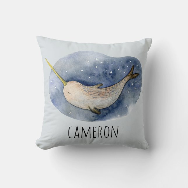 Almofada Modern Watercolor Narwhal Blue Ocean Personalizado (Frente)