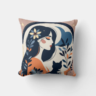 Almofada Modern Woman and Cat Throw Pillow Boho Floral Art
