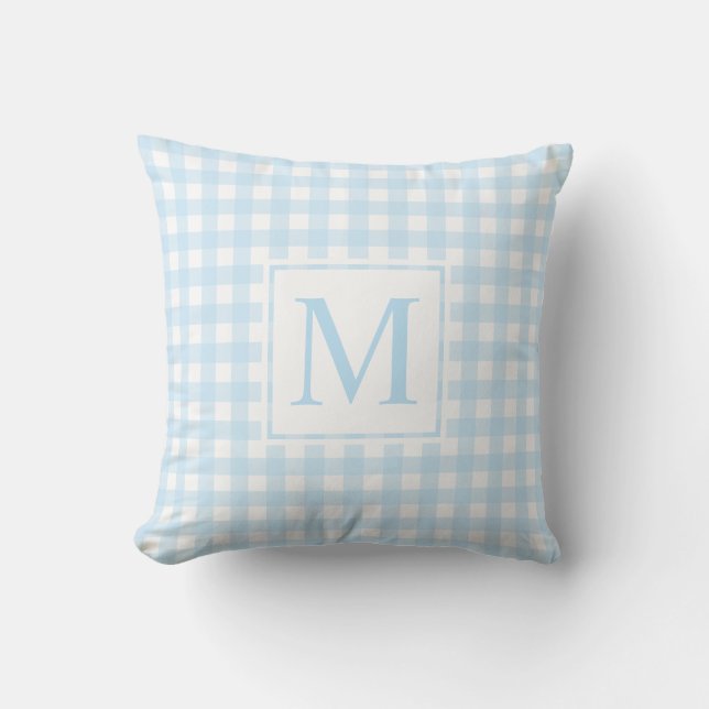 Almofada Moderna Casa Farmária Bebê Azul Médio Gingham Mono (Frente)