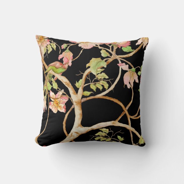 Almofada Moderna Chinoiserie Floral Blush Black Bird Tree (Frente)