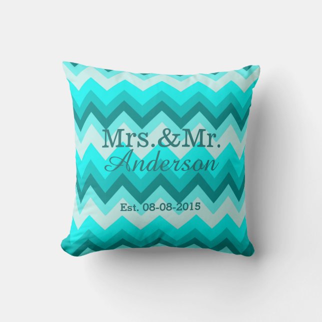 Almofada moderna ombre turquoise chevron mr e mrs (Frente)