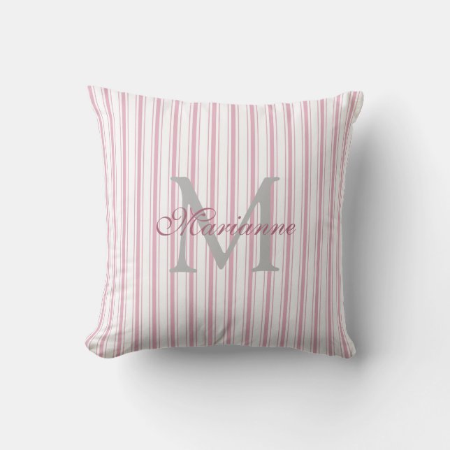 Almofada Moderno Elegante rosa francês Strips Nome Monogram (Frente)
