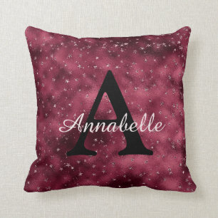 Almofada Moderno Glam Burgundy Silver Sparkle Stars Monogra