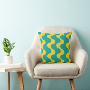 Almofada Moderno Retro Abstrato Ondulado em Azul Turquesa e