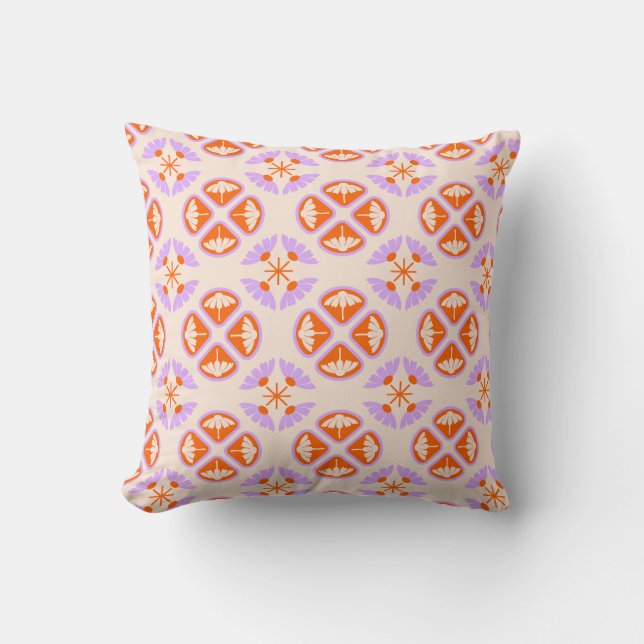 Almofada Moderno Retro de Meados do Século Laranja e Floral (Frente)