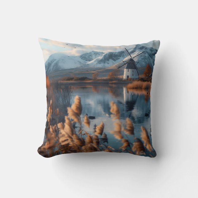 Almofada Moinho de vento num lago com paisagem montanhosa (Frente)