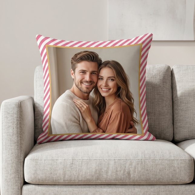Almofada Moldura de Foto com Listra Diagonal Rosa (Criador carregado)