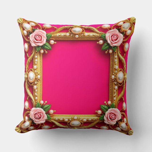 Almofada Moldura Dourada Com Rosas e Pérolas Elegantes (Frente)