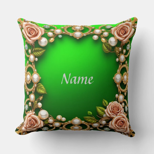 Almofada Moldura Dourada Com Rosas e Pérolas Elegantes (Frente)