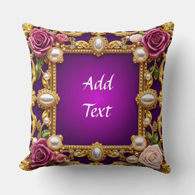 Almofada Moldura Dourada Com Rosas e Pérolas Elegantes (Frente)