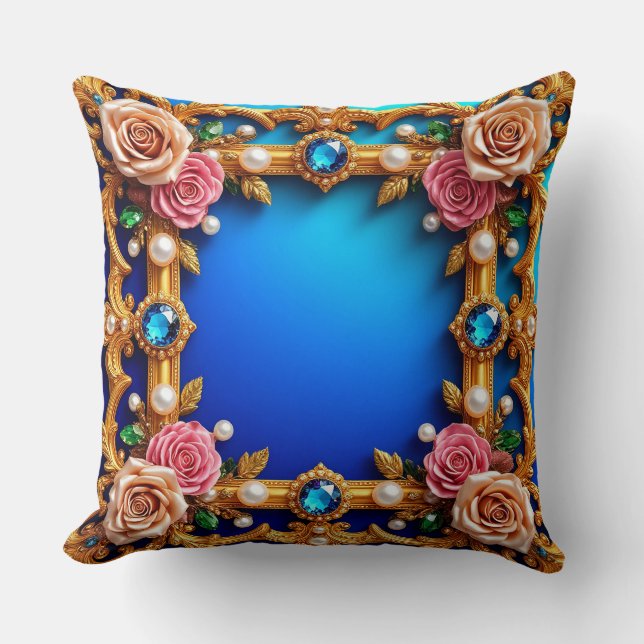 Almofada Moldura Dourada Com Rosas e Pérolas Elegantes (Frente)