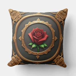 Almofada Moldura Dourada Intrincada com Rosa Vermelha