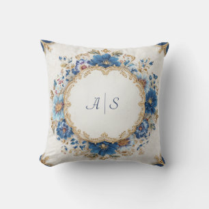 Almofada Moldura Redonda Floral Rococó Azul Real Opulenta D