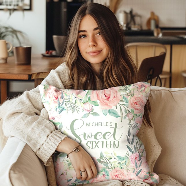 Almofada Molhação Floral Cor de Água Rosa Esbranquiçada 16 (Blush pink watercolor floral Sweet 16 pillow)