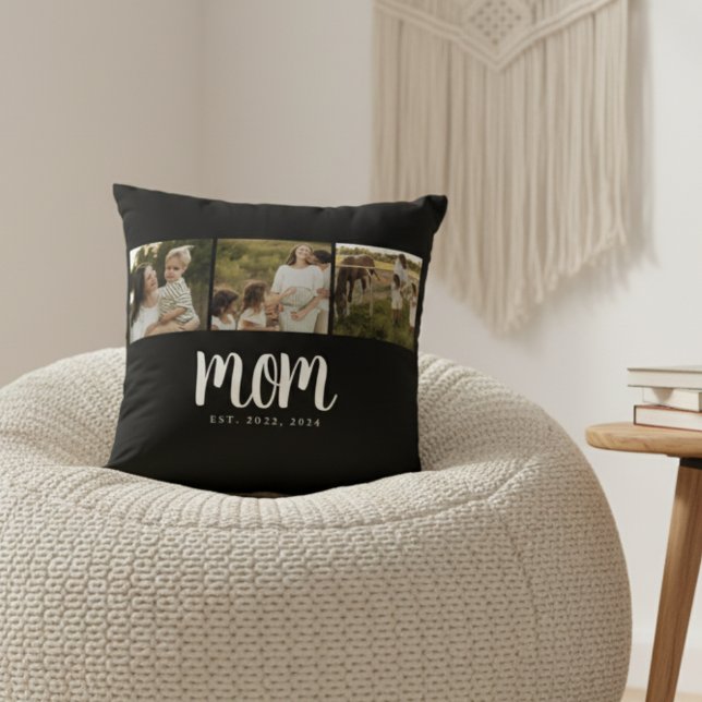 Almofada Mom Established Script Black 3 Photo (modern 3 photo black and white script mom established pillow gift for mom mother's day christmas)