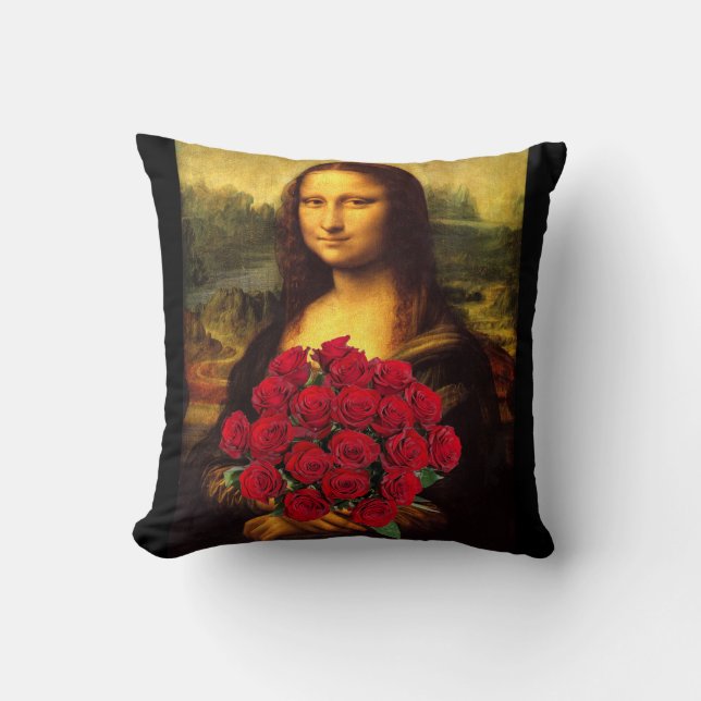 Almofada Mona Lisa Com Buquê De Rosa vermelha (Frente)