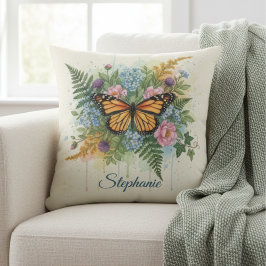 Almofada Monarch Butterfly Floral Watercolor Garden