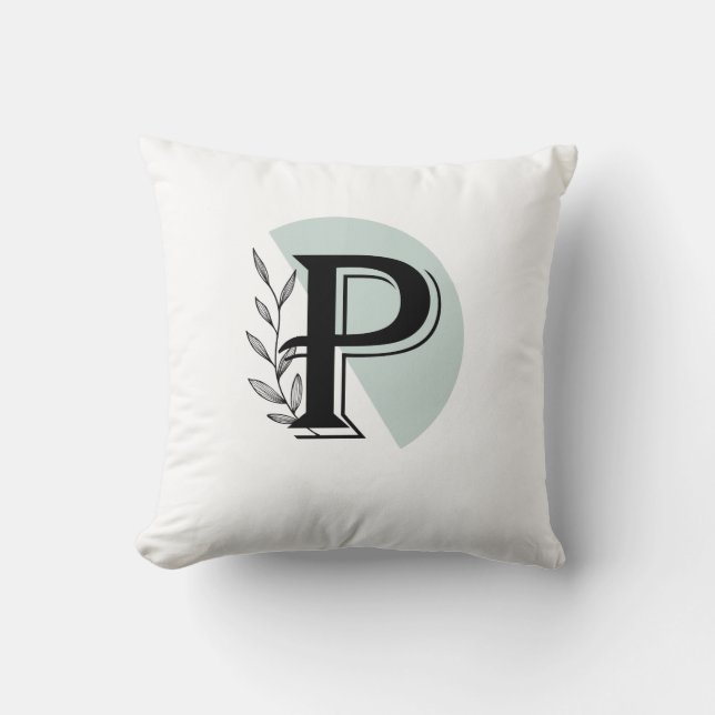 Almofada  Monogram Botanical Leaf P letter Throw Pillow  (Frente)