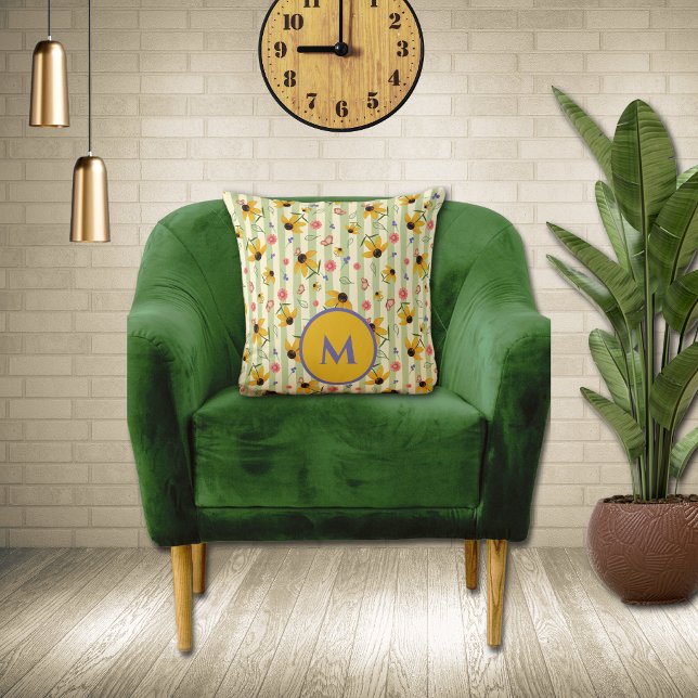 Almofada Monogram Coneflower Butterfly Floral Patterned  (Monogram Coneflower Butterfly Floral Patterned Throw Pillow)