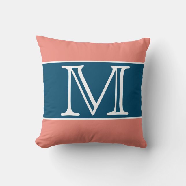 Almofada MONOGRAM Cor Sólida da faixa azul-coral (Frente)