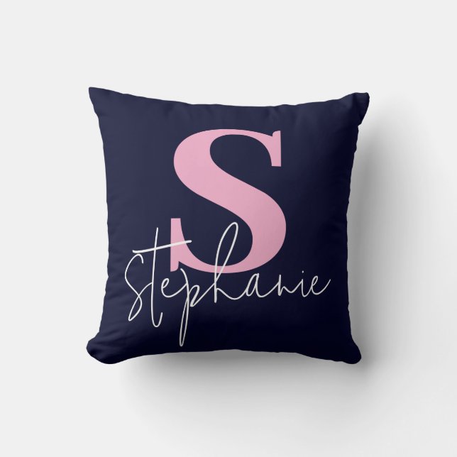 Almofada Monogram Lettered Script Navy Pink Throw Pillow (Frente)