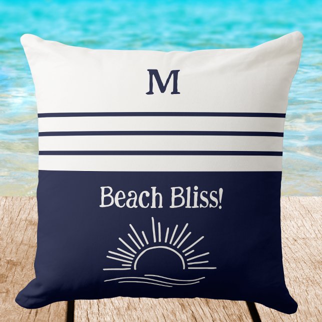 Almofada Monogram Navy Blue Nautical Stripes Beach House (Criador carregado)