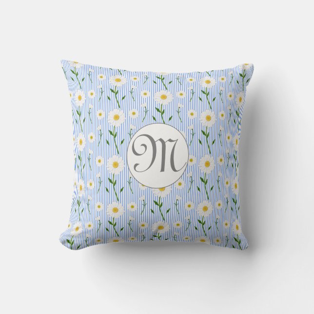 Almofada Monogram Summer Daisy Floral Pattern Blue Stripe (Frente)