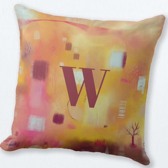 Almofada Monograma Abstrato moderno amarelo (Monogram personalized yellow abstract art throw pillow)