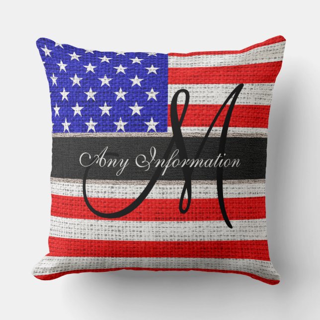 Almofada Monograma Americano Flag Burlap Linen Rustic Jute (Frente)