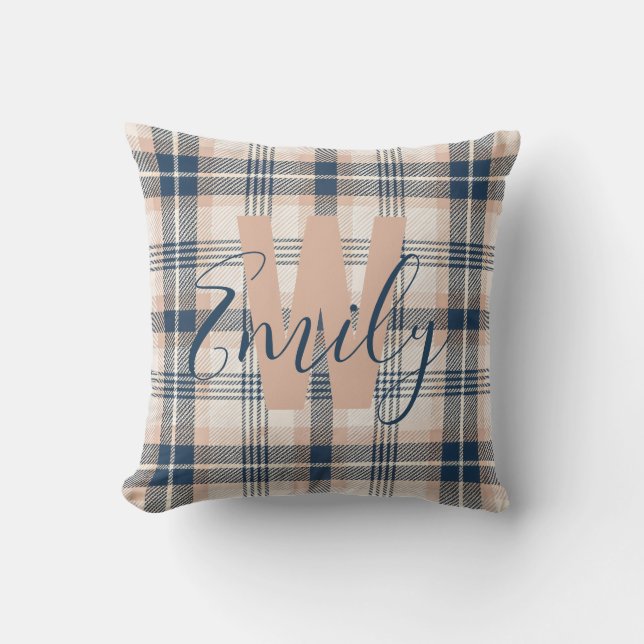 Almofada Monograma Azul de Tartan Moderno (Frente)