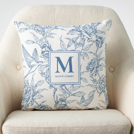 Almofada Monograma Azul Vintage Floral Toile de Jouy Francê