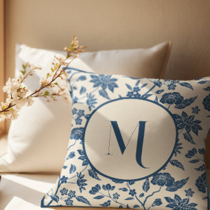 Almofada Monograma Blue Ivory Chinoiserie Padrão Floral