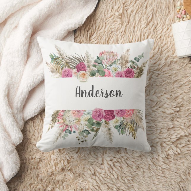 Almofada Monograma Boho Rosa Floral Grama Pampas Botânico (Cobertor)