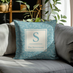 Almofada Monograma Botânico Branco Azul-Vintage Personaliza
