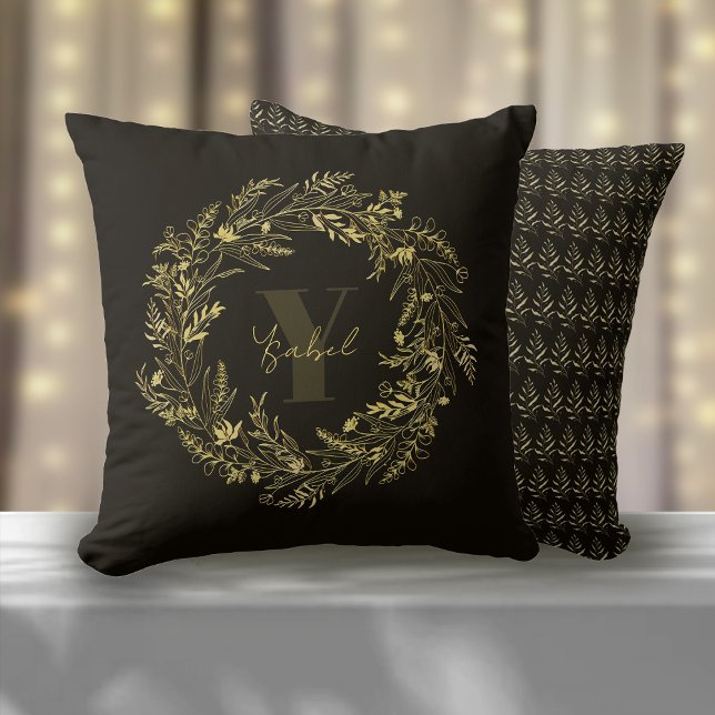 Almofada Monograma Botânico Dourado Letra Y (Criador carregado)