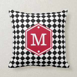 Almofada Monograma Checkered preto & branco do vermelho de