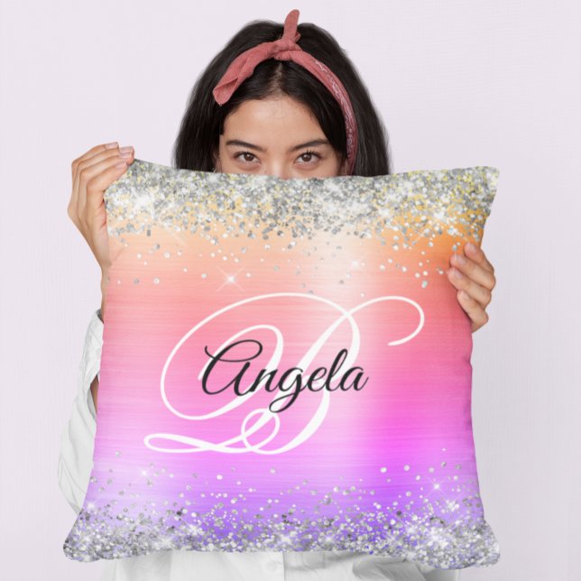 Almofada Monograma Chique com Brilho Prateado e Arco-íris (Silver Glitter Rainbow Foil Fancy Monogram Throw Pillow)