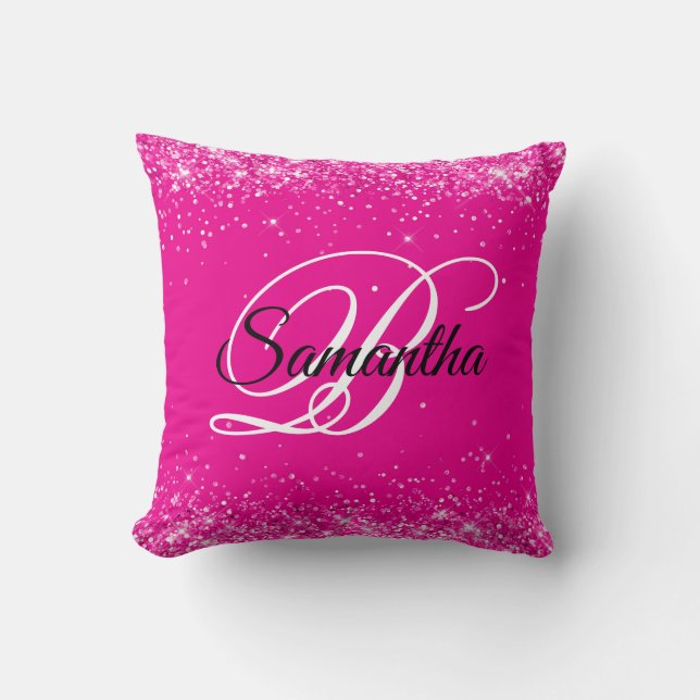 Almofada Monograma Chique Rosa Quente Brilhante (Frente)