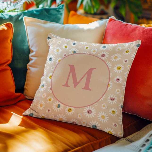 Almofada Monograma Colorido Smiling Daisy personalizado (Colourful Monogram Smiling Daisy personalised Throw Pillow)