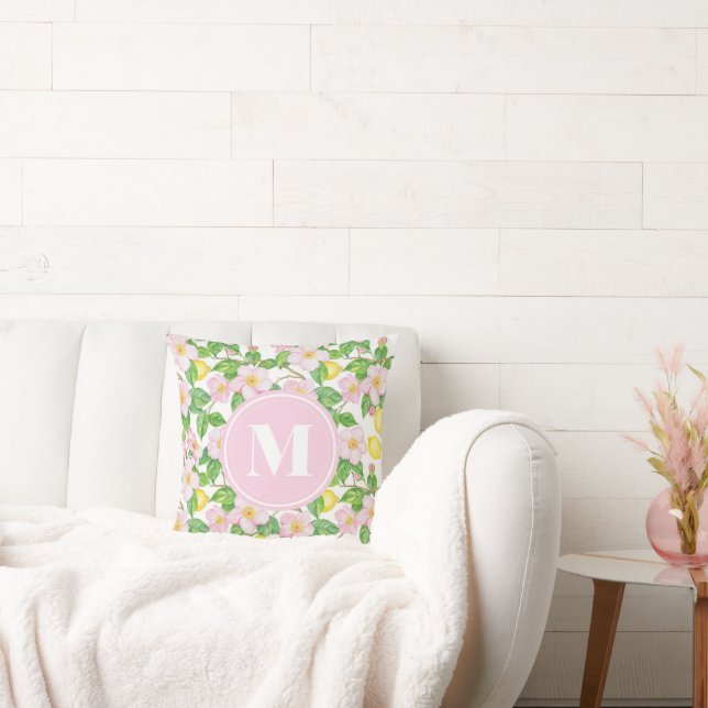 Almofada Monograma com padrão de limão floral rosa (Sofá)