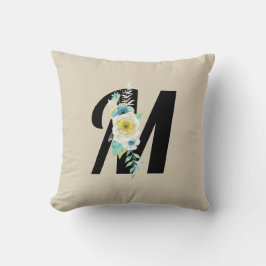 Almofada Monograma com Spray Floral em Aqua e Branco
